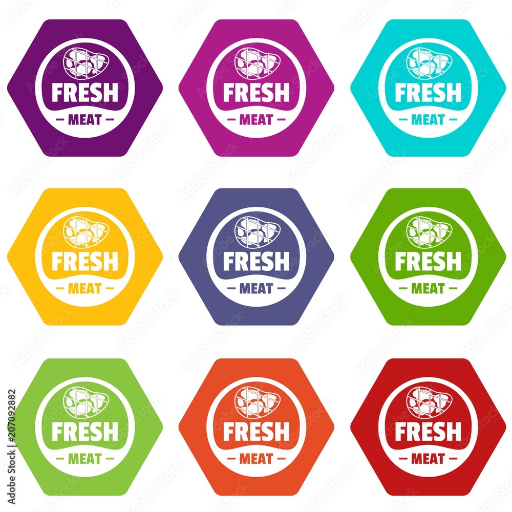 Eco fresh meat icons 9 set coloful isolated on white for web