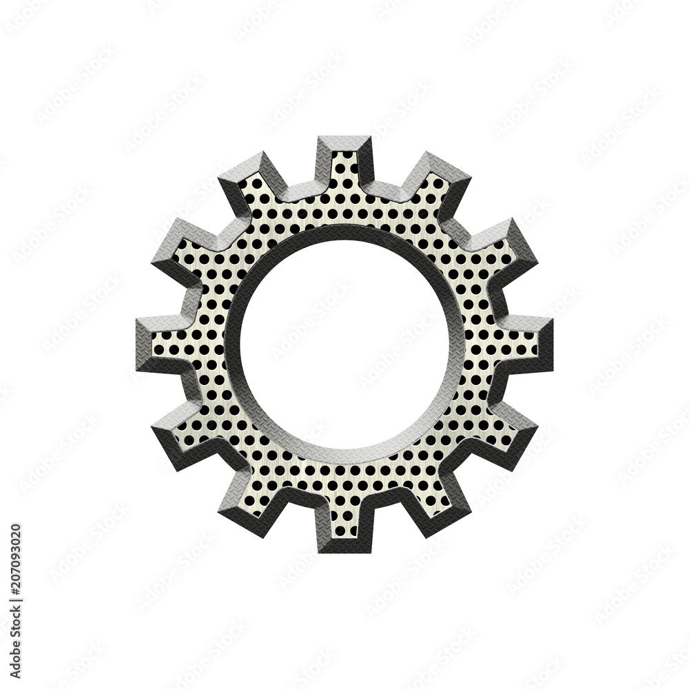 Metal dot textured badge in form of cogwheel. Metal dot textured badge in form of cogwheel.