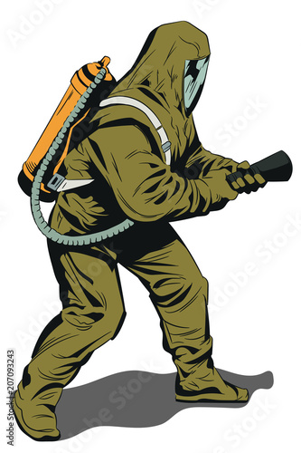 Rescuer in protective suit. Stock illustration.