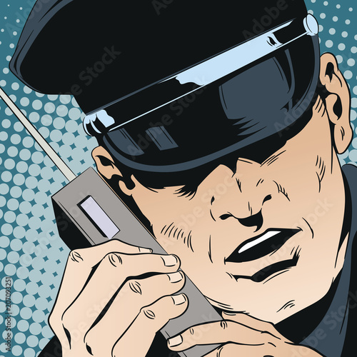 Police officer talking on radio. Stock illustration.
