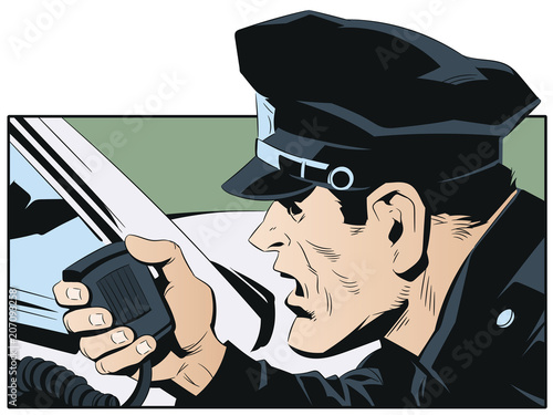 Police officer talking on radio. Stock illustration.