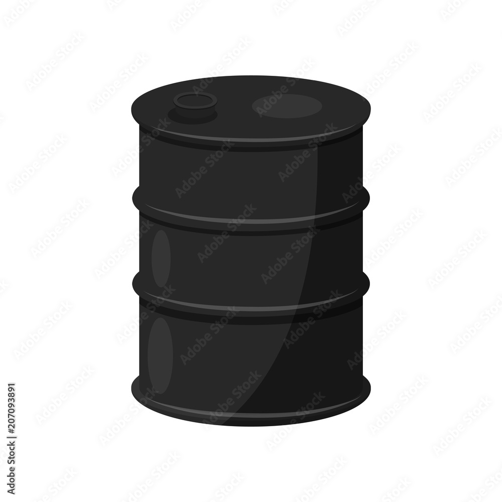 Flat vector icon of black barrel. Cylindrical metal or steel container for shipping liquids. Element for poster or flyer Flat vector icon of black barrel. Cylindrical metal or steel container for shipping liquids. Element for poster or flyer