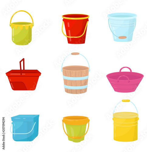 Flat vector set of colorful buckets. Plastic, wooden and metal water pails. Containers for carry liquids or other materials