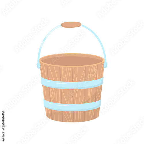 Flat vector icon of empty wooden bucket for garden. Small water pail with metal handle and hoops