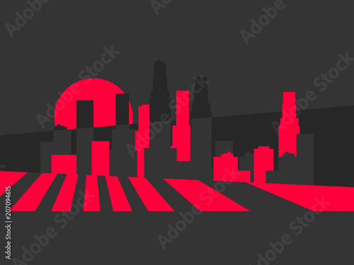 Panorama of city with skyscrapers. Light between buildings. Megalopolis in retro style. Vector illustration