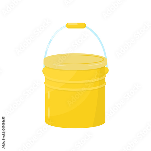 Flat vector icon of bright yellow metal bucket. Small water pail with lid and handle. Element for advertising flyer of cleaning company