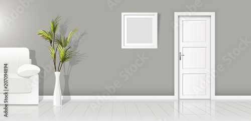 Element of architecture - vector background grey wall width closed white door and frame for picture 