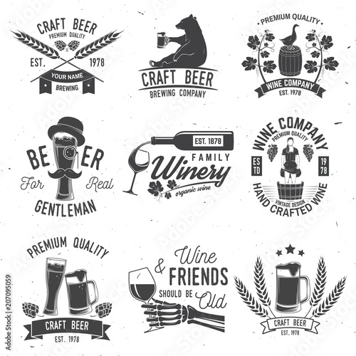 Set of Craft Beer and Winery company badge, sign or label. Vector illustration