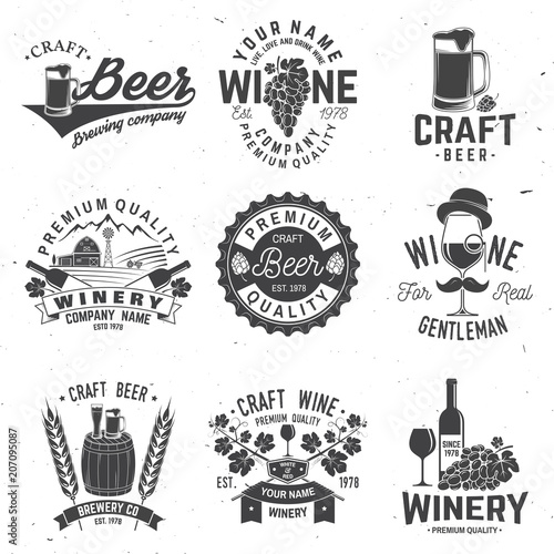 Set of Craft Beer and Winery company badge, sign or label. Vector illustration