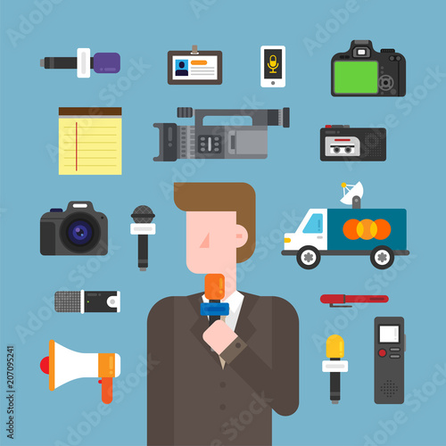 news reporter character and object vector flat graphic design illustration set