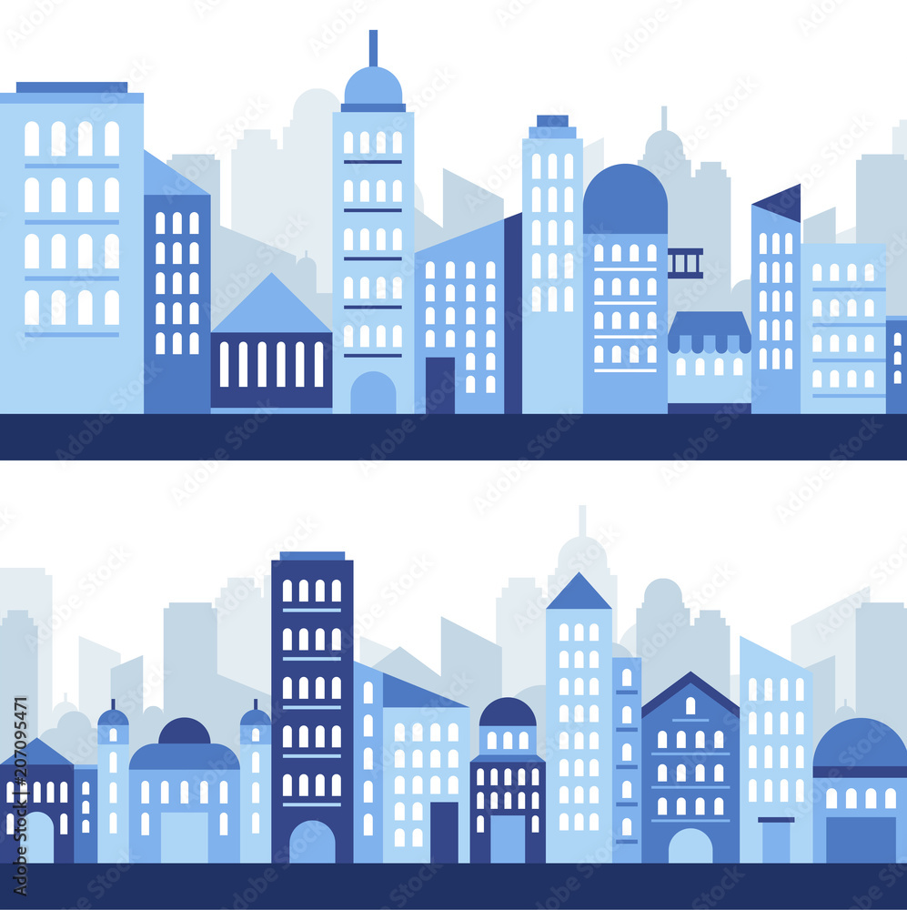 city buildings skyline vector flat graphic design illustration set
