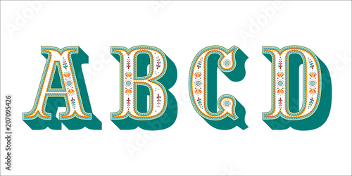 folk alphabet ornamental floral letter A B C D