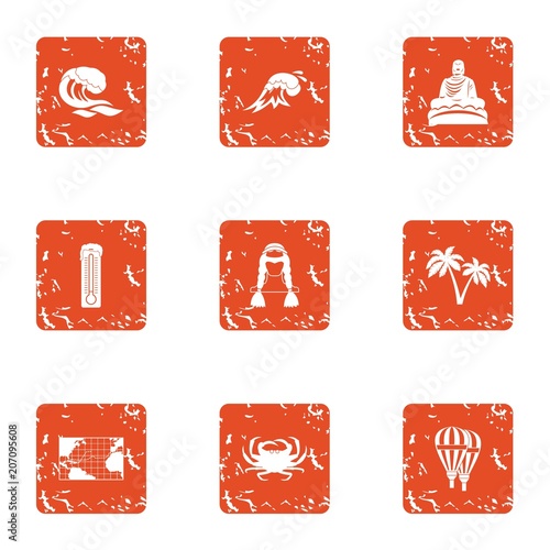 Tropical air icons set. Grunge set of 9 tropical air vector icons for web isolated on white background