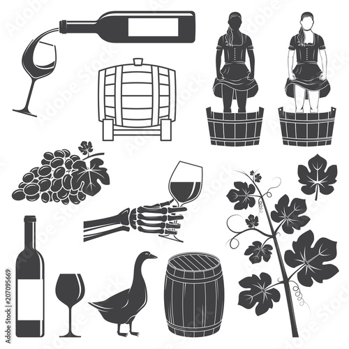 Set of Wine silhouette icons. Vector illustration.