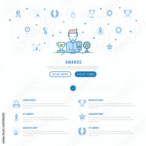 Awards concept with thin line icons: man with trophy, medal, cup, star, statuette, ribbon. Modern vector illustration of prizes for competition, web page template.