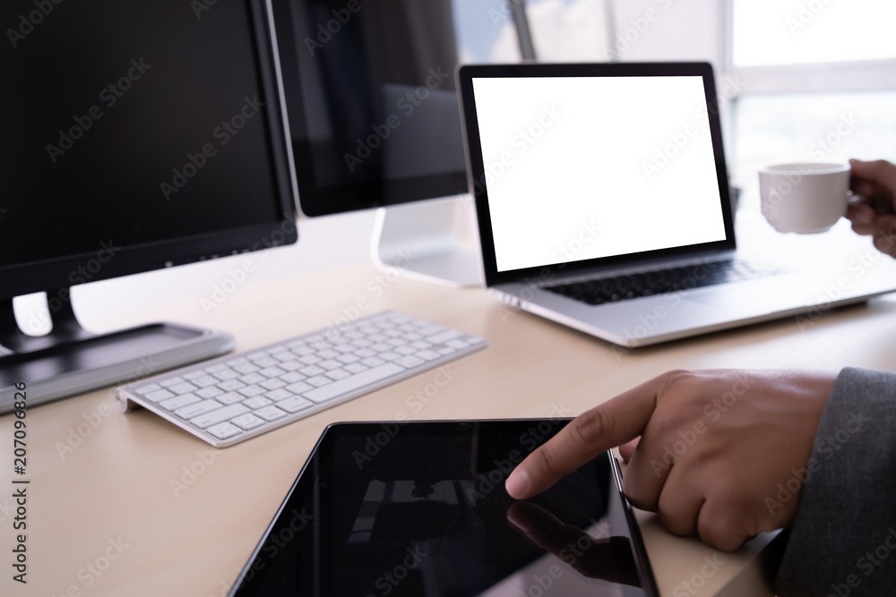 Laptop with blank screen on table. Workspace background new project on laptop computer with blank copy space screen for your advertising text message