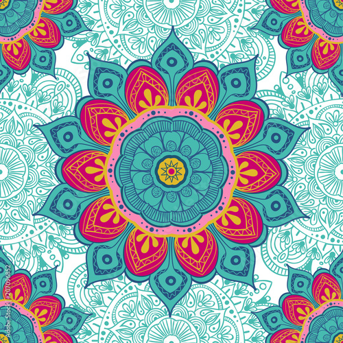 Flower mandala colorful background for cards, prints, textile and coloring books. Seamless pattern
