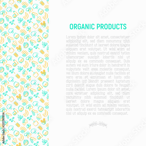 Organic products concept with thin line icons set: corn, peas, raw cafe, broccoli, grapes, sprouts, seaweed, watermelon, bananas, fresh juice. strawberry. Modern vector illustration for vegetable shop