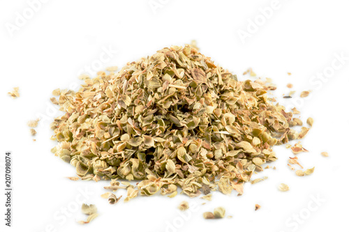 Oregano is a pile on a white background.