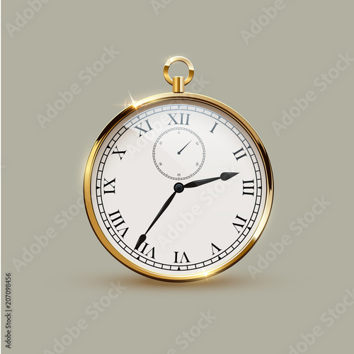 Golden realistic vintage watch isolated on gray background. Vector illustration.