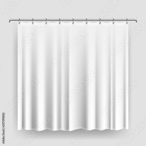 Blank shower curtain template or mock-up, realistic white curtain with steel hooks and rod, waterproof bathroom curtain, editable shower interior accessory vector illustration