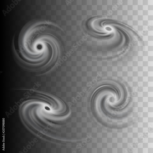 Tropical storm vector icons set, hurricane abstract representation for weather forecast maps, tornado, typhoon, cyclone, vortex or funnel realistic illustrations isolated on a transparency grid