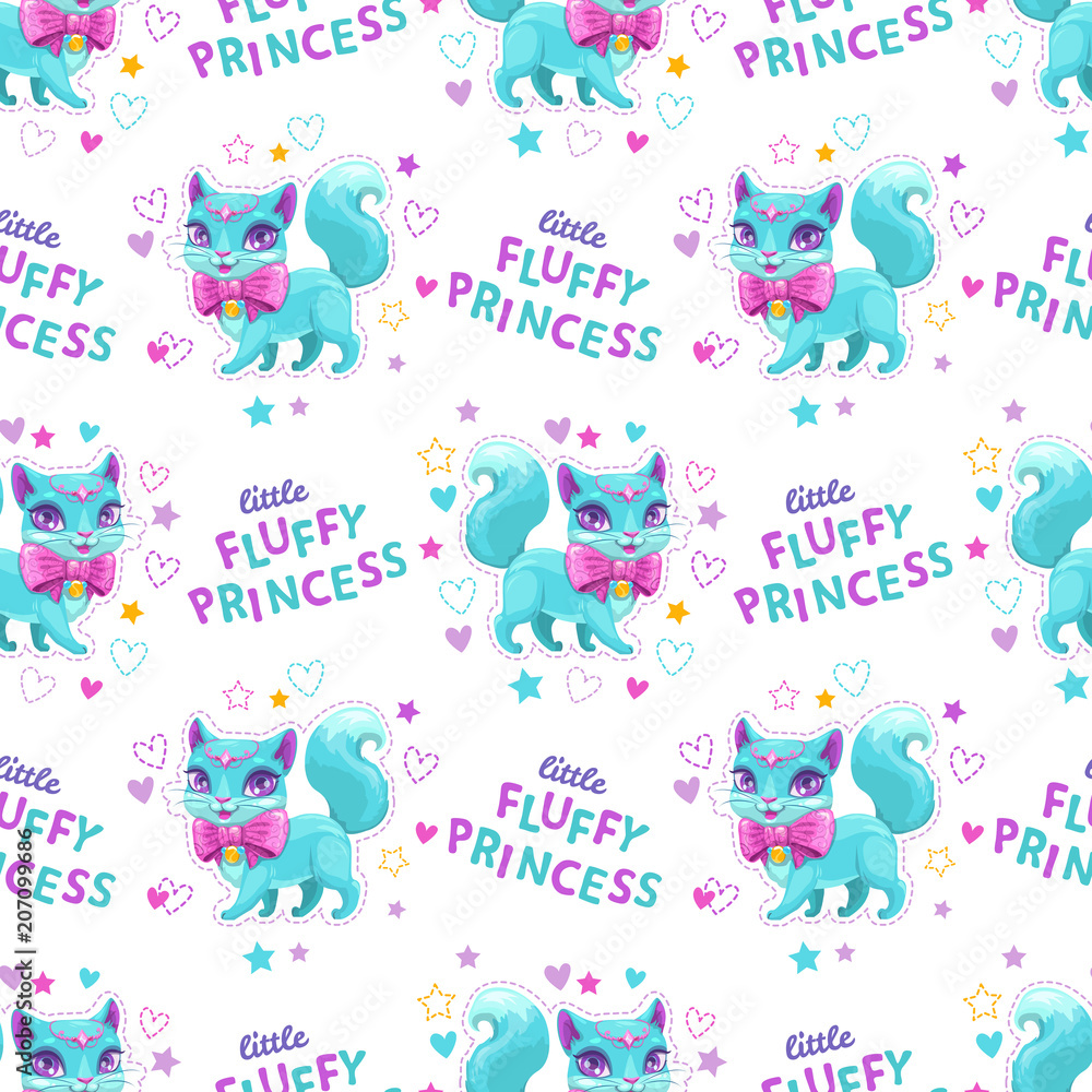 Fototapeta premium Seamless pattern with little cute cartoon pretty cat
