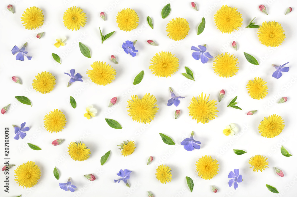 Obraz premium Floral pattern made of yellow dandelion, lilac flowers, pink buds and green leaves isolated on white background. Flat lay. Top view.