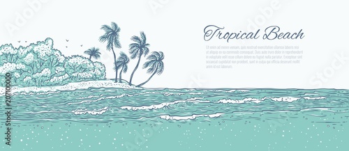 Sandy beach with palm trees, sea waves surf. Landscape tropical island in ocean for summer holiday and tourism. Monochrome vector illustration background for design cards or banner.