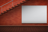 Empty mockup billboard on red brick wall with staircase. Vintage loft room and fashion interior. Advertising concept. Vector Illustration isolated