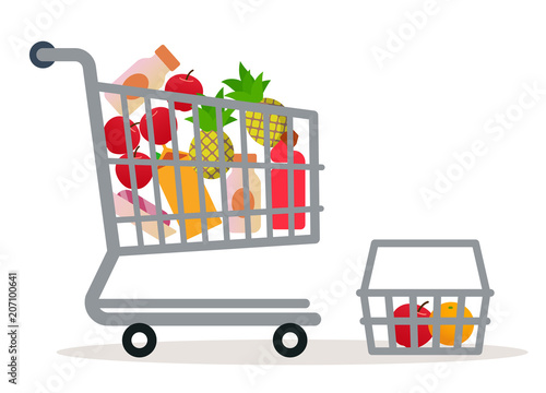 Shopping cart in the supermarket with goods. Flat style. Vector