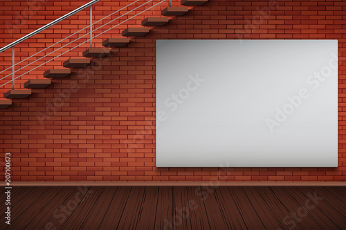 Empty mockup billboard on red brick wall with staircase. Vintage loft room and fashion interior. Advertising concept. Vector Illustration isolated