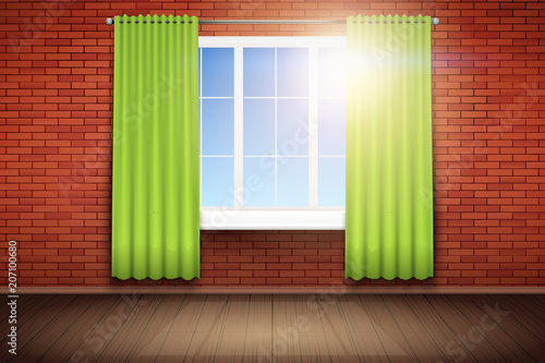 Example of an empty room with red brick wall and window. Simple interior without furnish and furniture. Curtains are unfolded. Sunlight falls through the curtains. Vector.