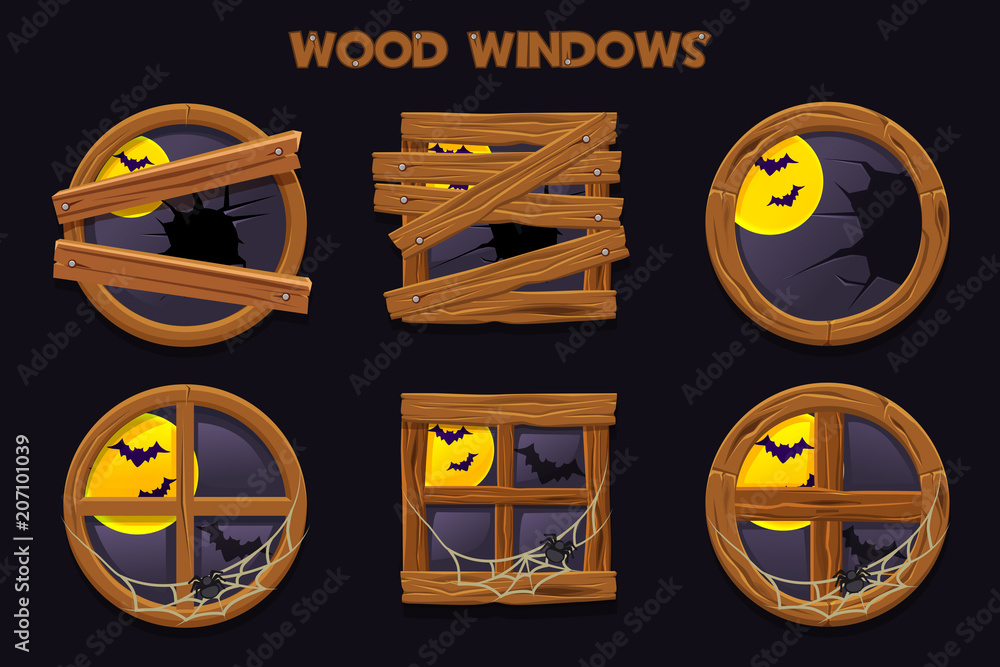 Wood Windows Animation Different shape and old shattered wood windows, cartoon building ...