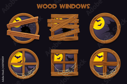 Different shape and old shattered wood windows, cartoon building objects with cobwebs and full moon.