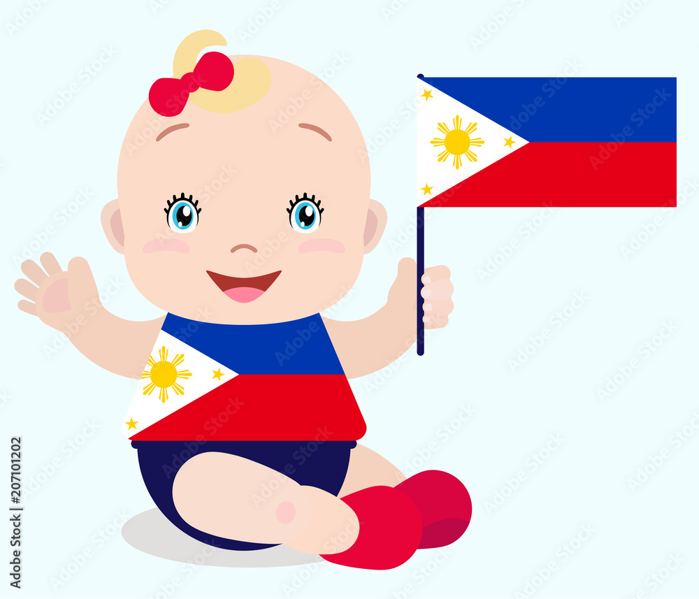 Smiling baby toddler, girl holding a Philippines flag isolated on white