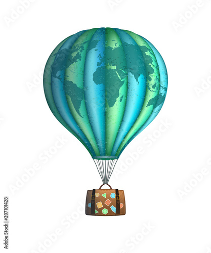 Vector conceptual art of hot air balloon with baggage isolated on white. Concept of travel around the world