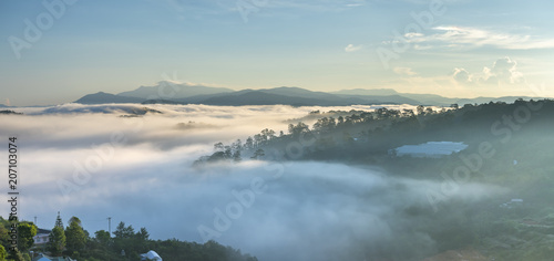 Dawn on the plateau pine forests covered with fog shrouded so beautiful idyllic countryside Dalat plateau, Vietnam