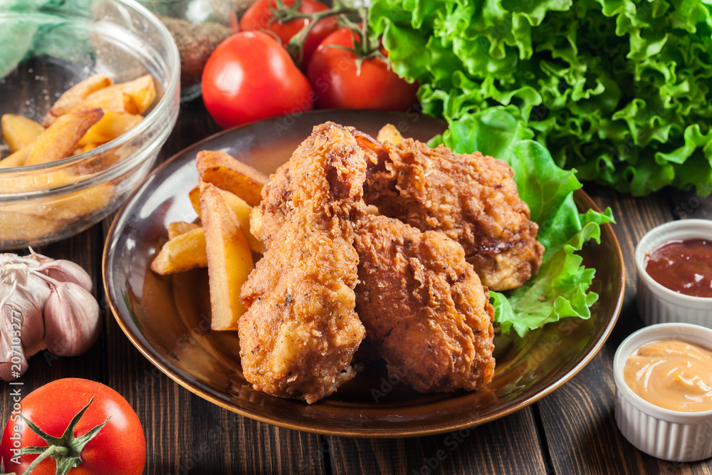 Crispy fried kentucky chicken legs with french fries Crispy fried kentucky chicken legs with french fries