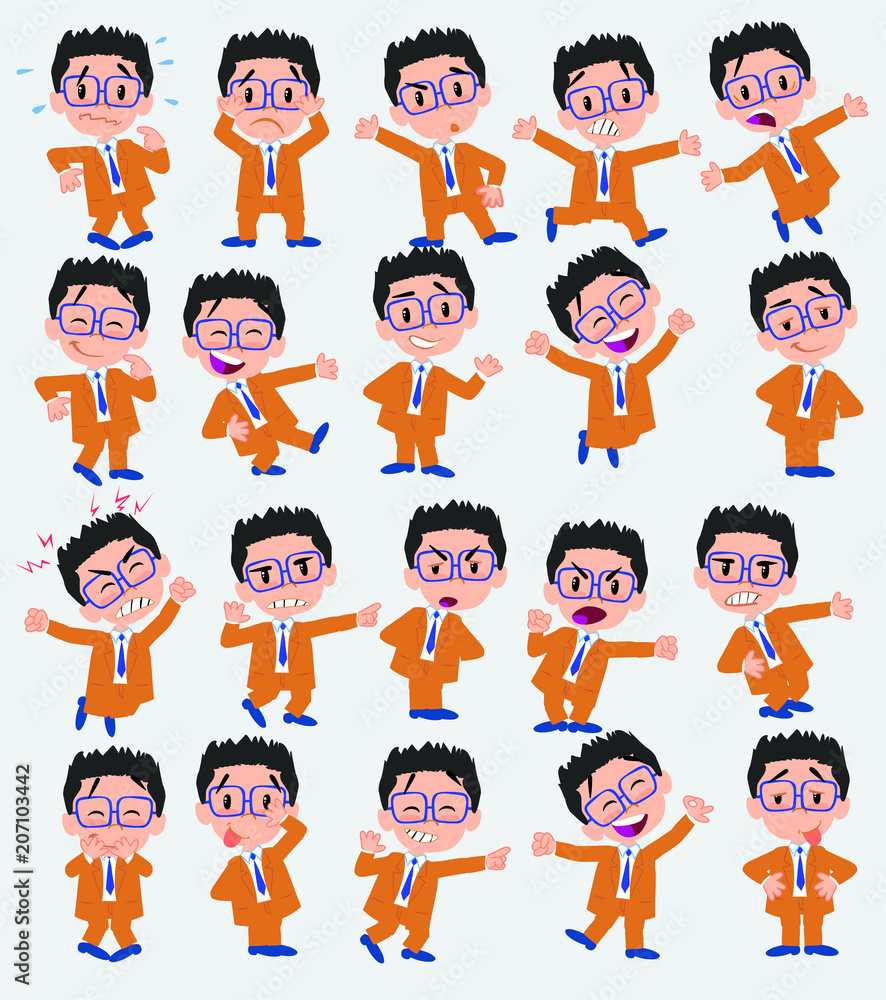 Cartoon character businessman with glasses. Set with different postures, attitudes and poses, doing different activities in isolated vector illustrations.