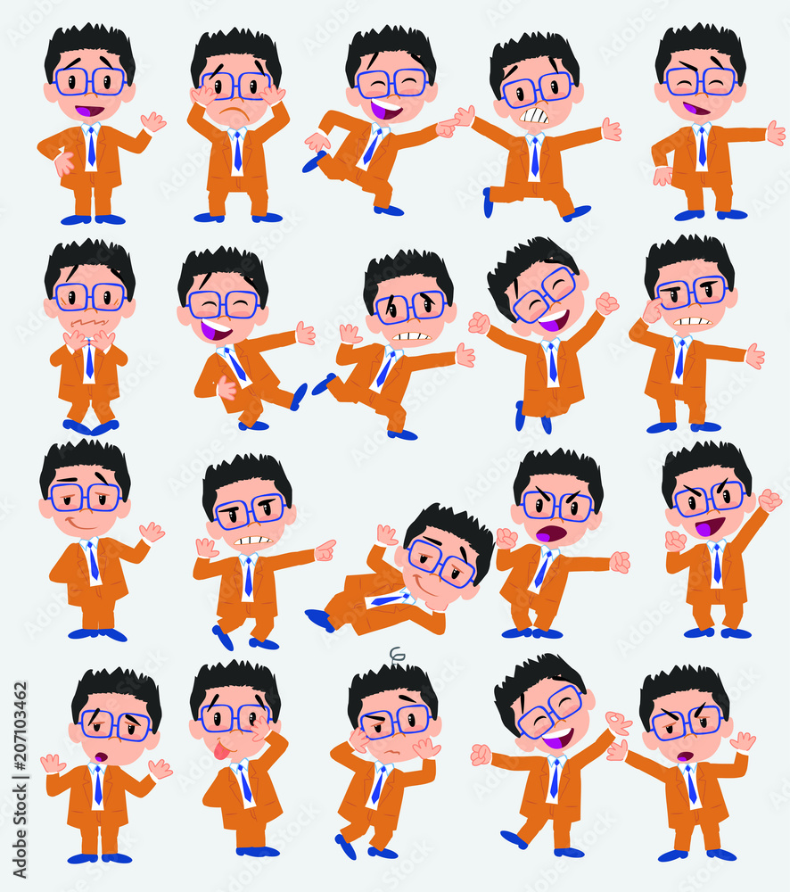 Cartoon character businessman with glasses. Set with different postures, attitudes and poses, doing different activities in isolated vector illustrations. Cartoon character businessman with glasses. Set with different postures, attitudes and poses, doing different activities in isolated vector illustrations.