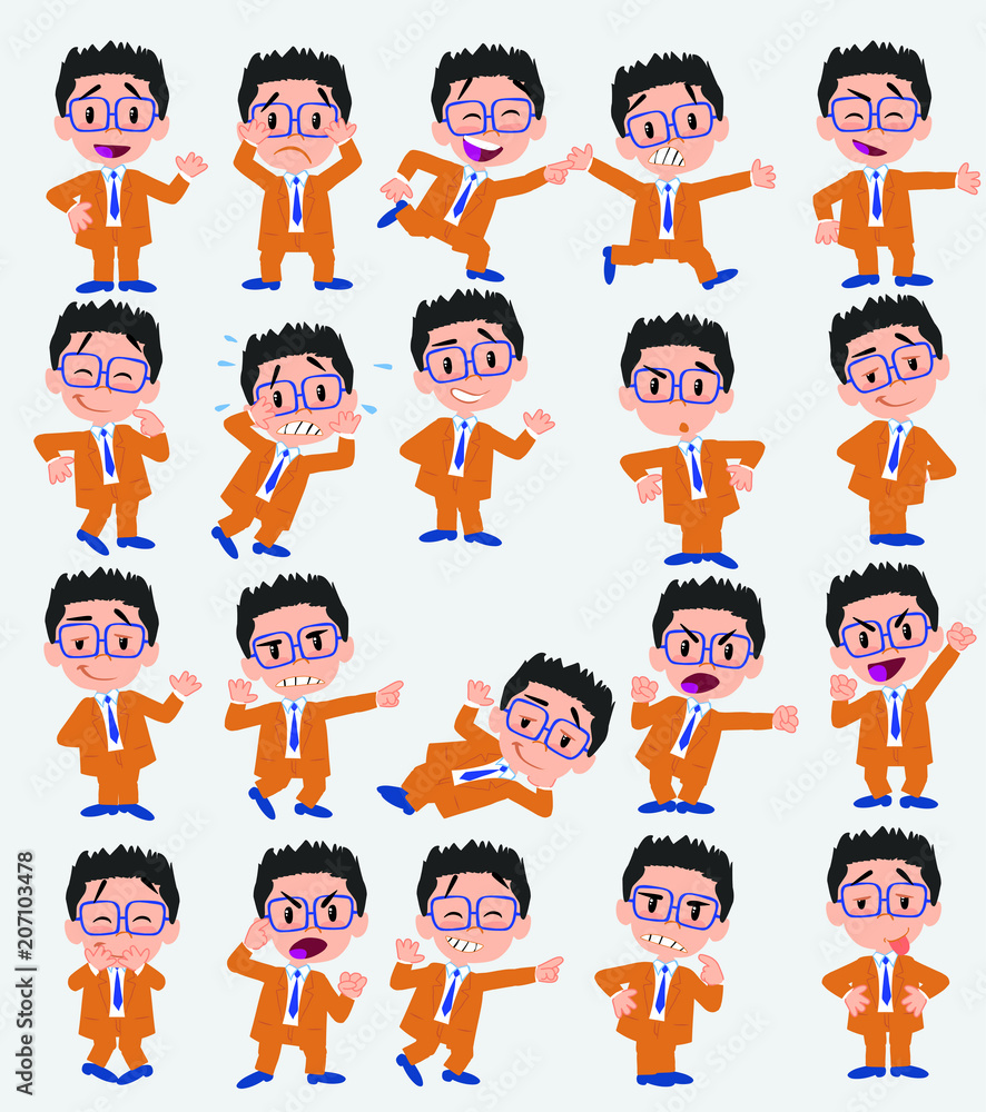 Cartoon character businessman with glasses. Set with different postures, attitudes and poses, doing different activities in isolated vector illustrations. Cartoon character businessman with glasses. Set with different postures, attitudes and poses, doing different activities in isolated vector illustrations.
