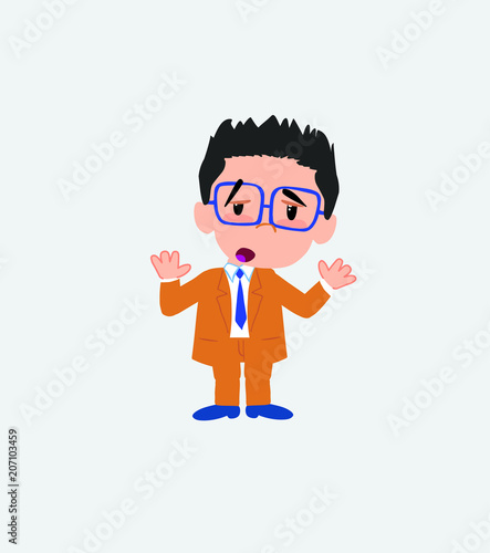 Businessman with glasses makes a gesture of tired resignation.