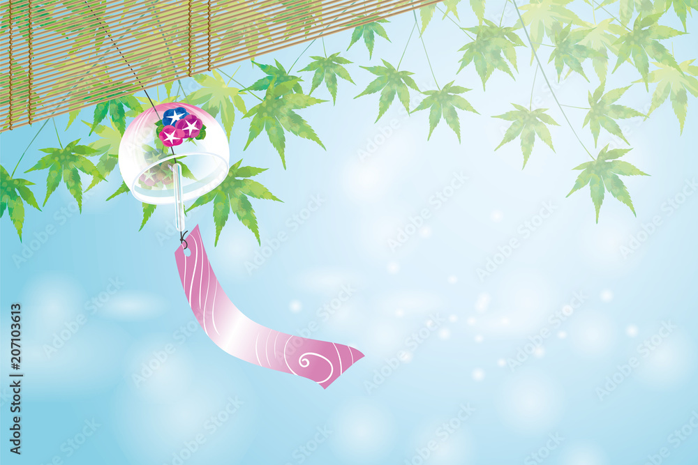 暑中お見舞葉書デザイン 横 背景 縁側の楓と朝顔柄の風鈴のある風景 夏のイメージ Stock Vektorgrafik Adobe Stock 暑中お見舞葉書デザイン 横 背景 縁側の楓と朝顔柄の風鈴のある風景 夏のイメージ Stock Vektorgrafik Adobe Stock