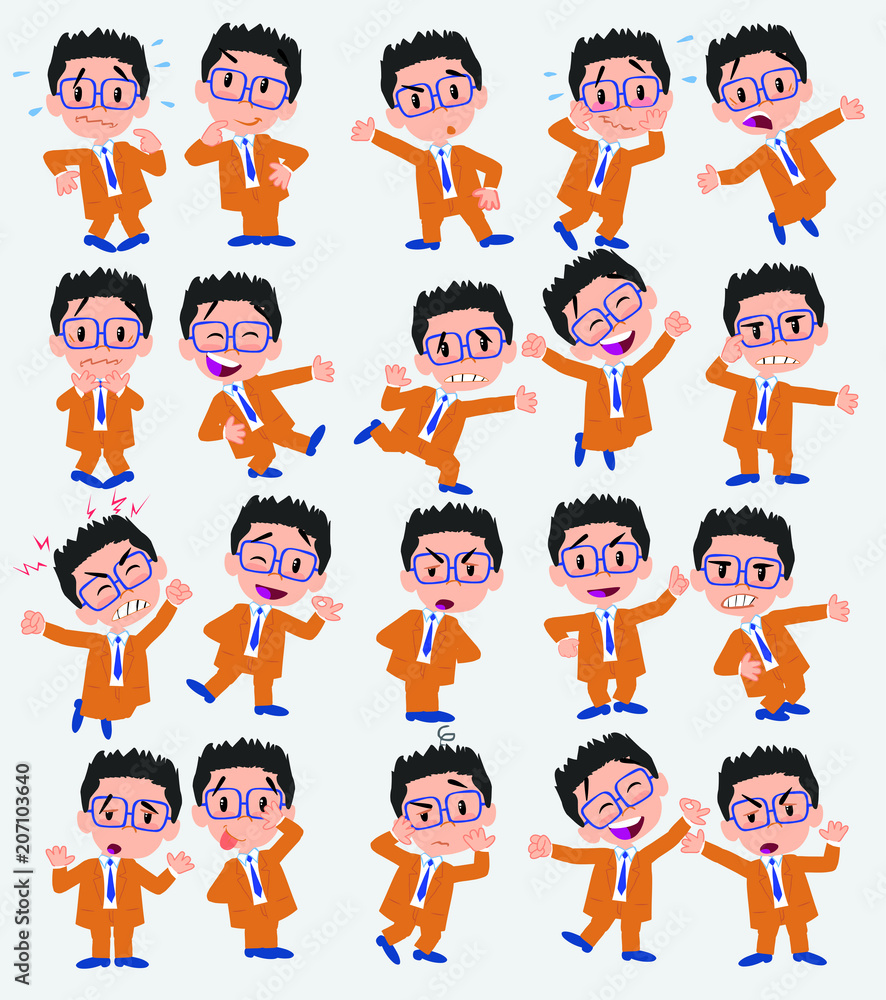 Cartoon character businessman with glasses. Set with different postures, attitudes and poses, doing different activities in isolated vector illustrations. Cartoon character businessman with glasses. Set with different postures, attitudes and poses, doing different activities in isolated vector illustrations.
