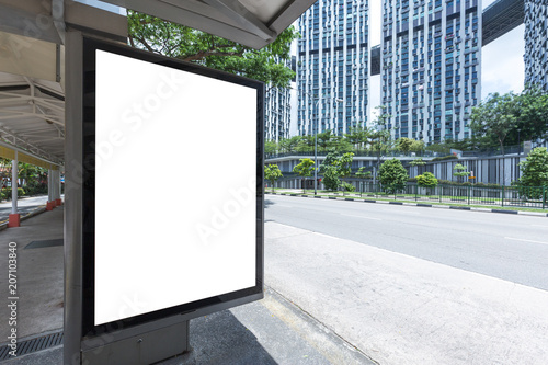 bus Station Billboard Blank White Isolated Clipping Path Outdoors Blue Sky Ad Space Advertisement