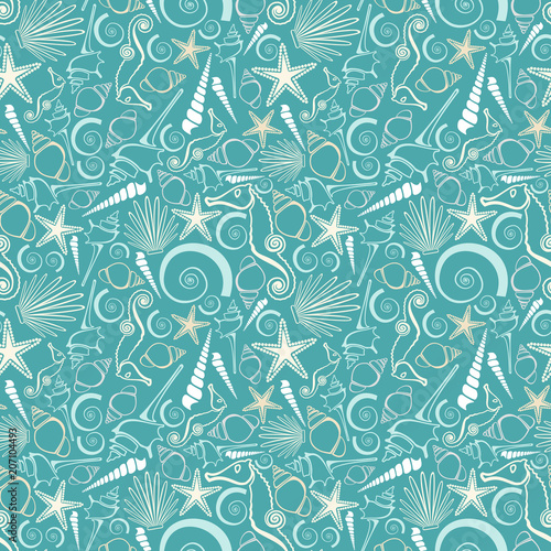 Seashell seamless pattern in light blue colors. Sea animals abstract background. Underwater texture. Illustration for your ocean life design