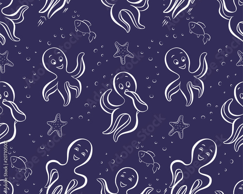 Seamless marine cartoon pattern with sea animals