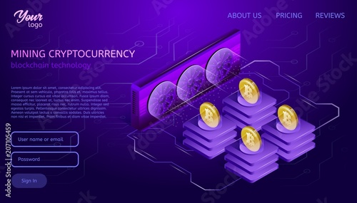 Cryptocurrency mining equipment. Blockchain system and technology. Bitcoin crypto farm. Isometric vector illustration in ultraviolet colors.
