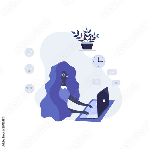 Flat girl. Business illustration.Business woman at work. Office worker woman behind the a work desk. Vector illustration of a flat design. © nujtmom